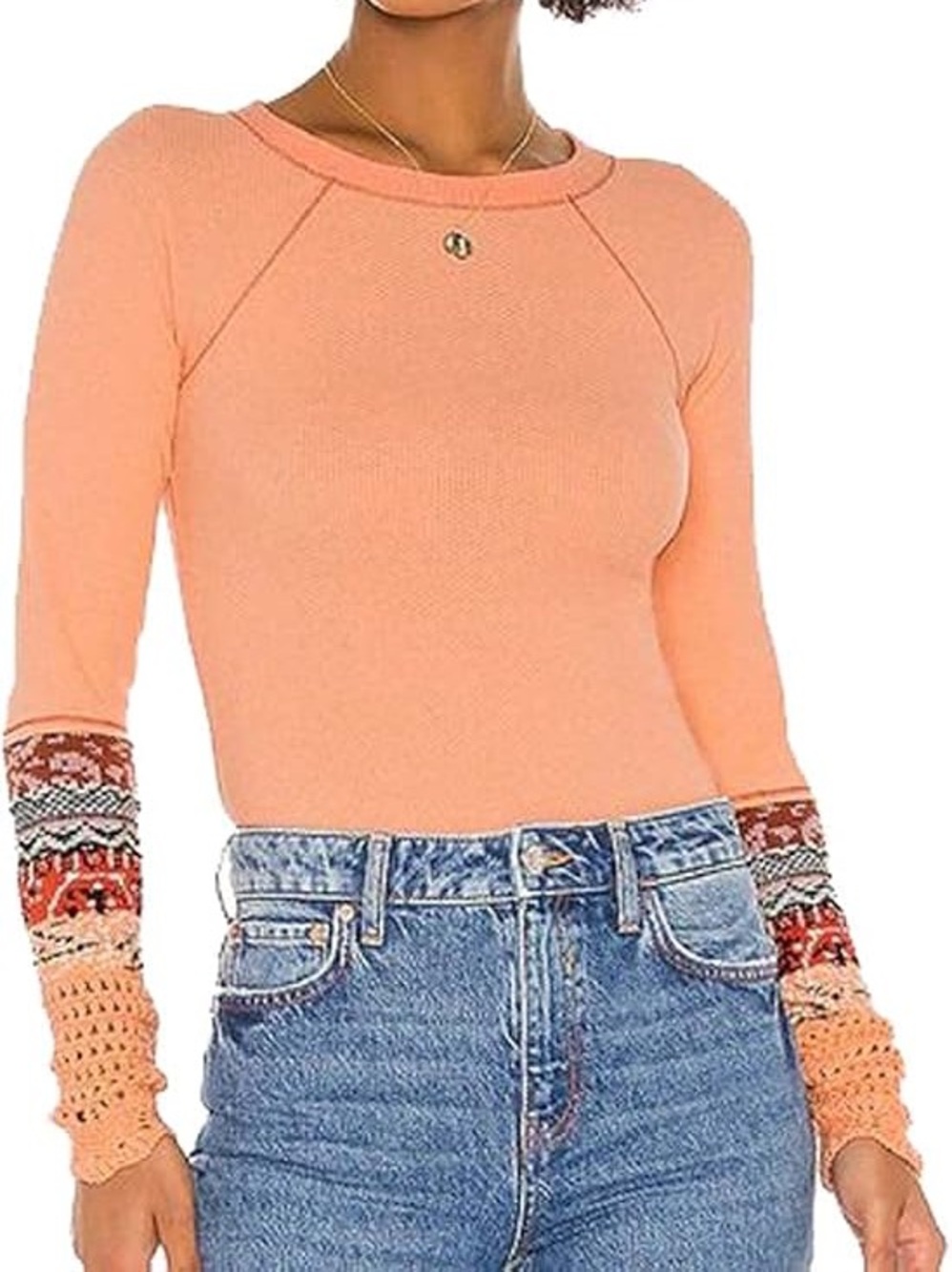 Free People Desert Orange In The Mix Jacquard Cuff Long Sleeve Top Size M